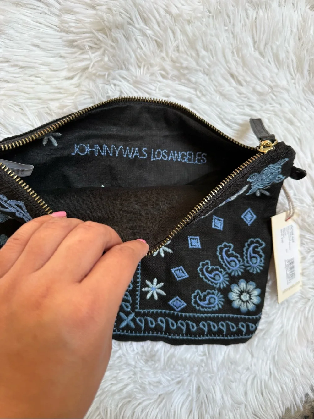 NWT Johnny Was Black & Blue Embroidered Crossbody Clutch